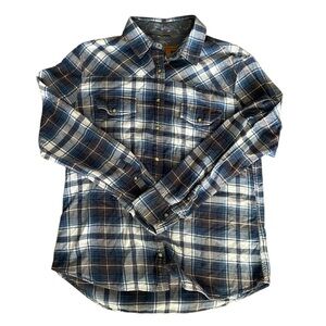 JACHS Girlfriend Bea Blue & White Plaid Flannel Pearl Snap Shirt Sz M